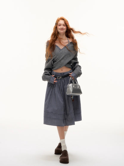 Off-Shoulder Plaid Panel Cross Sweatshirt - CHINASQUAD