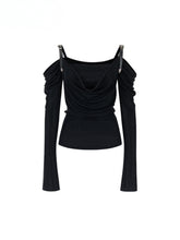 Draped Neck Leather Strap Acetate One-shoulder T-shirt - CHINASQUAD