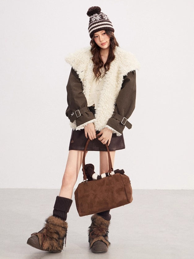 Faux-Shearling Panel Quilted Short Jacket