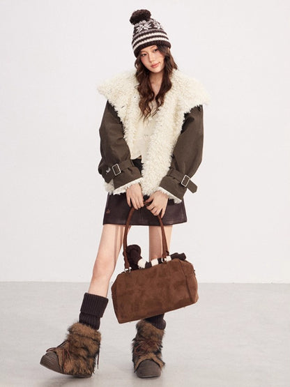 Faux-Shearling Panel Quilted Short Jacket