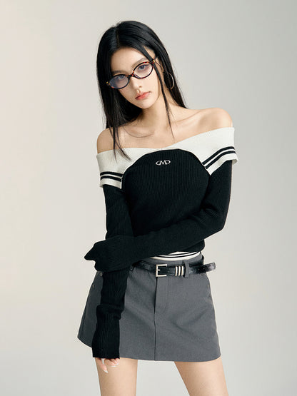 Black Off-shoulder Knit Striped Top