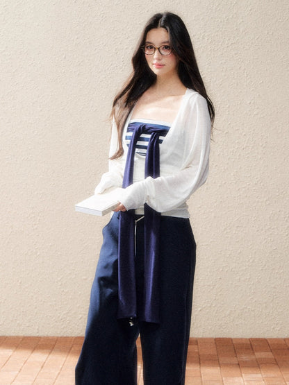 Striped Corset Tube Top &amp; Sheer Pullpver Set - CHINASQUAD
