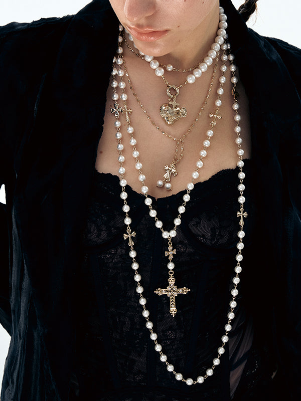 Layered Punk Heart Pearl Cross Long Necklace