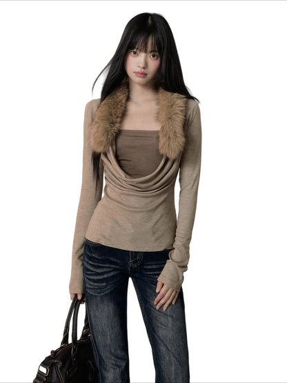 Two-Piece Draped-Collar Knit Crewneck