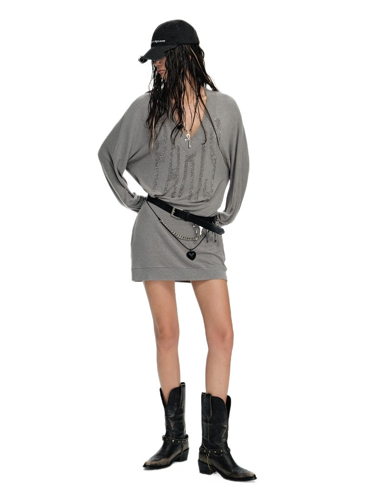 Silver Paris V-neck Rhinestone Sweatshirt Dress