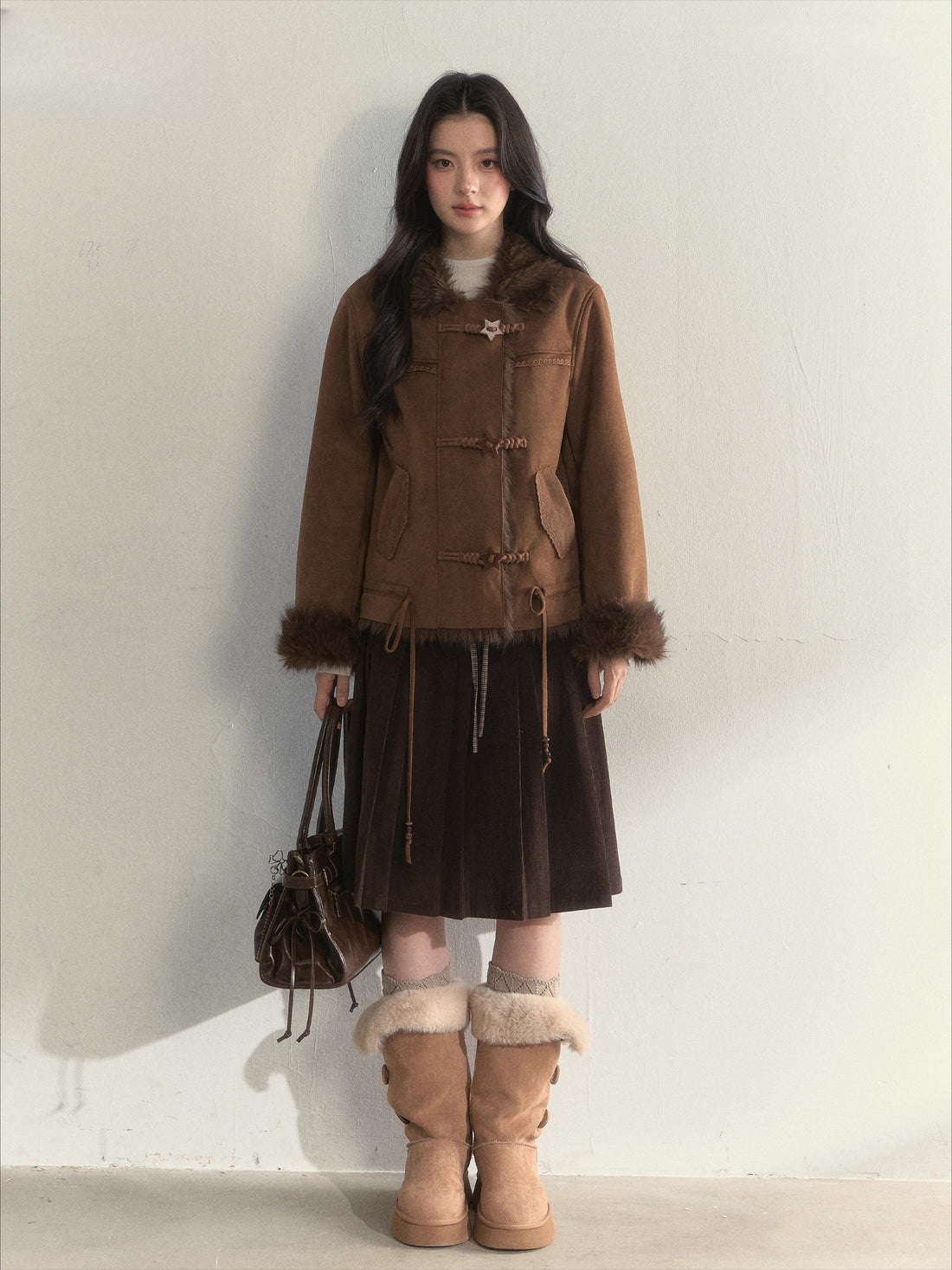 Charm Hazelnut Corduroy Pleated Skirt