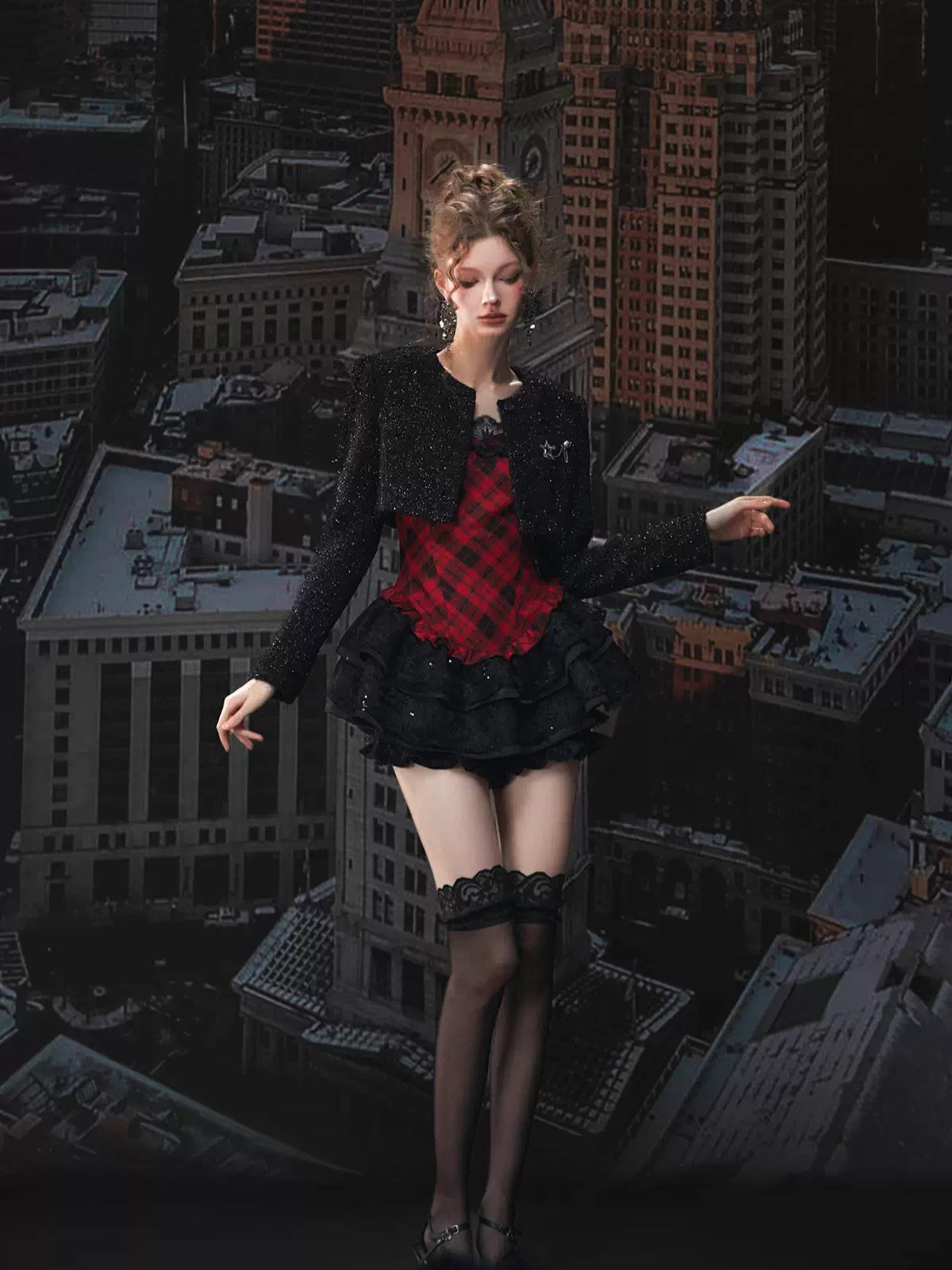 Plaid Puff Dress with Lace Overlay Set