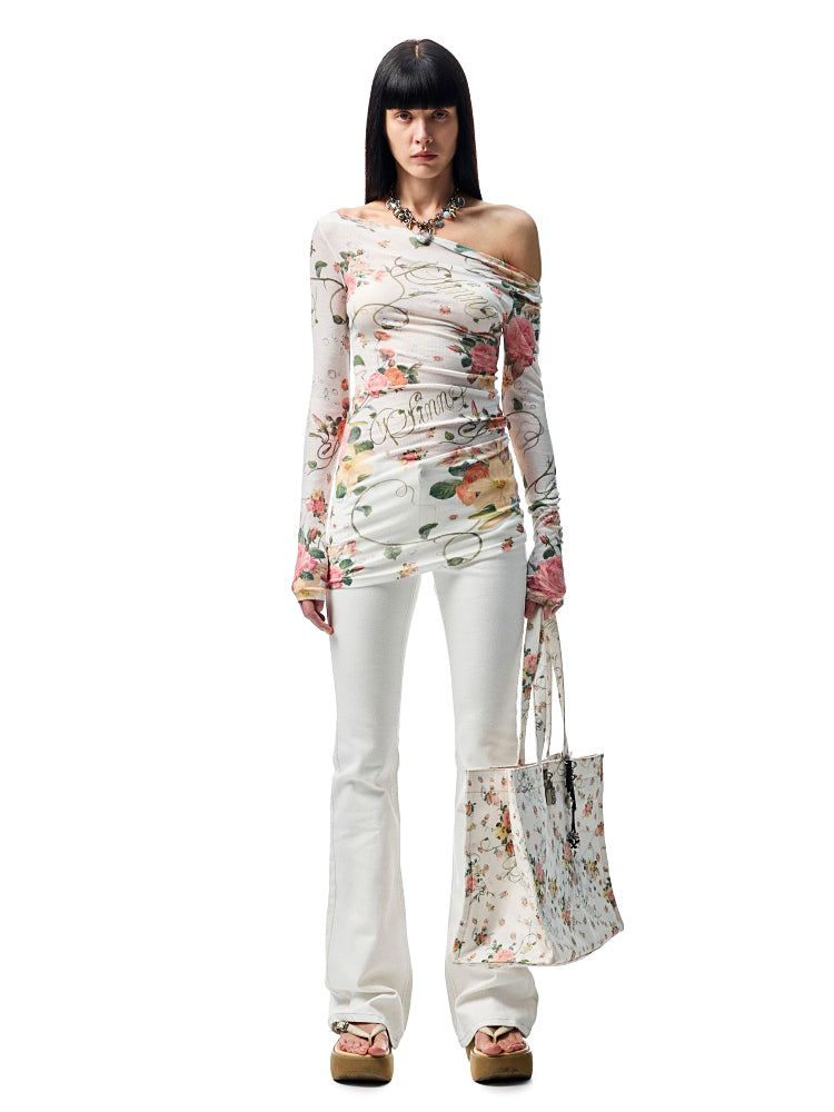 Floral All-over Print Off-the-Shoulder Sheer Cover-up