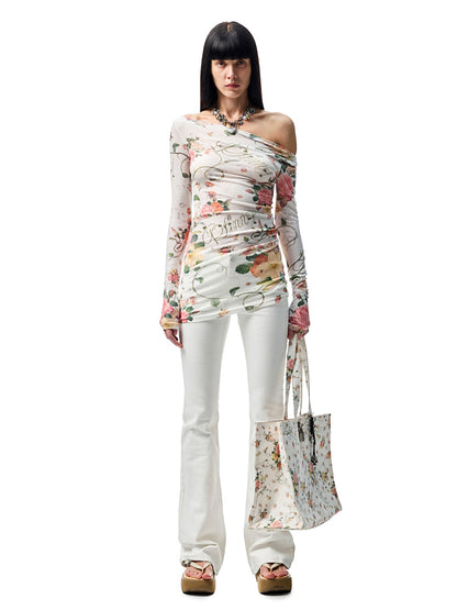 Floral All-over Print Off-the-Shoulder Sheer Cover-up