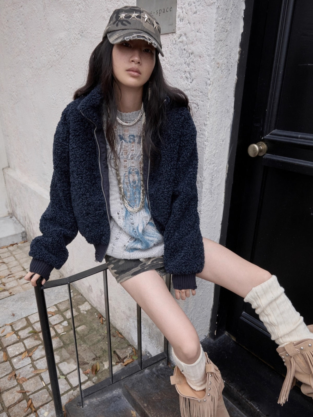 Distressed Fleece Zip-Up Cropped Jacket