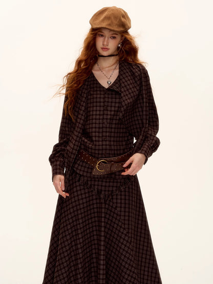 Vintage Plaid Beaded Tie-Scarf Shirt