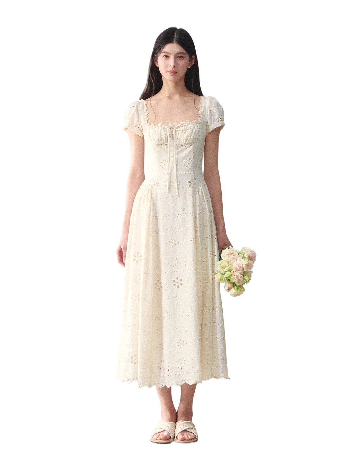 Square-Neck Embroidered Hollow Vacation-style Dress