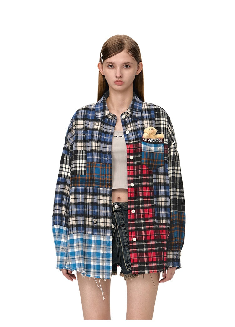 Teddy Patchwork Plaid Shirt Jacket