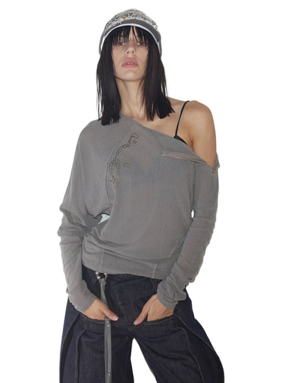 Rhinestone Frayed-Edge Knit T-Shirt