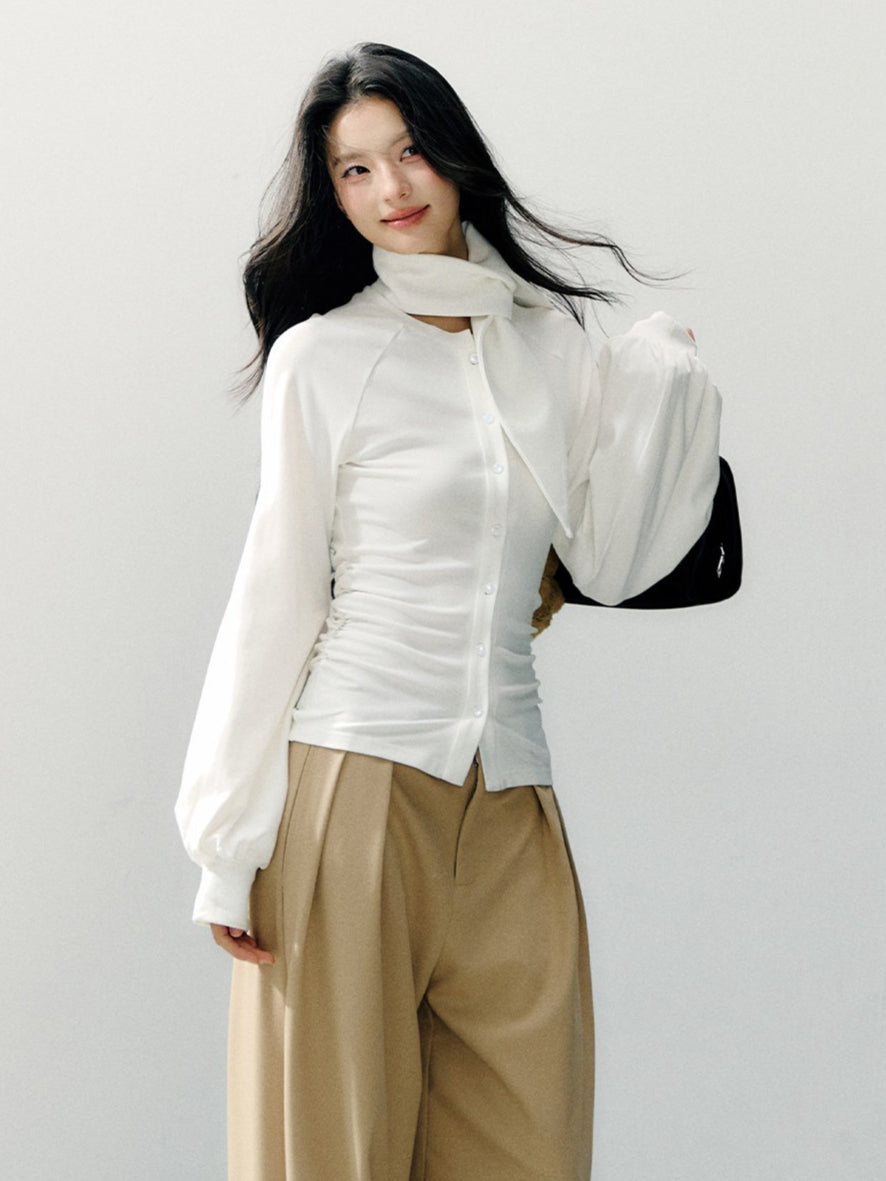 Scarf Collar Fitted Knit Long Sleeve Shirt