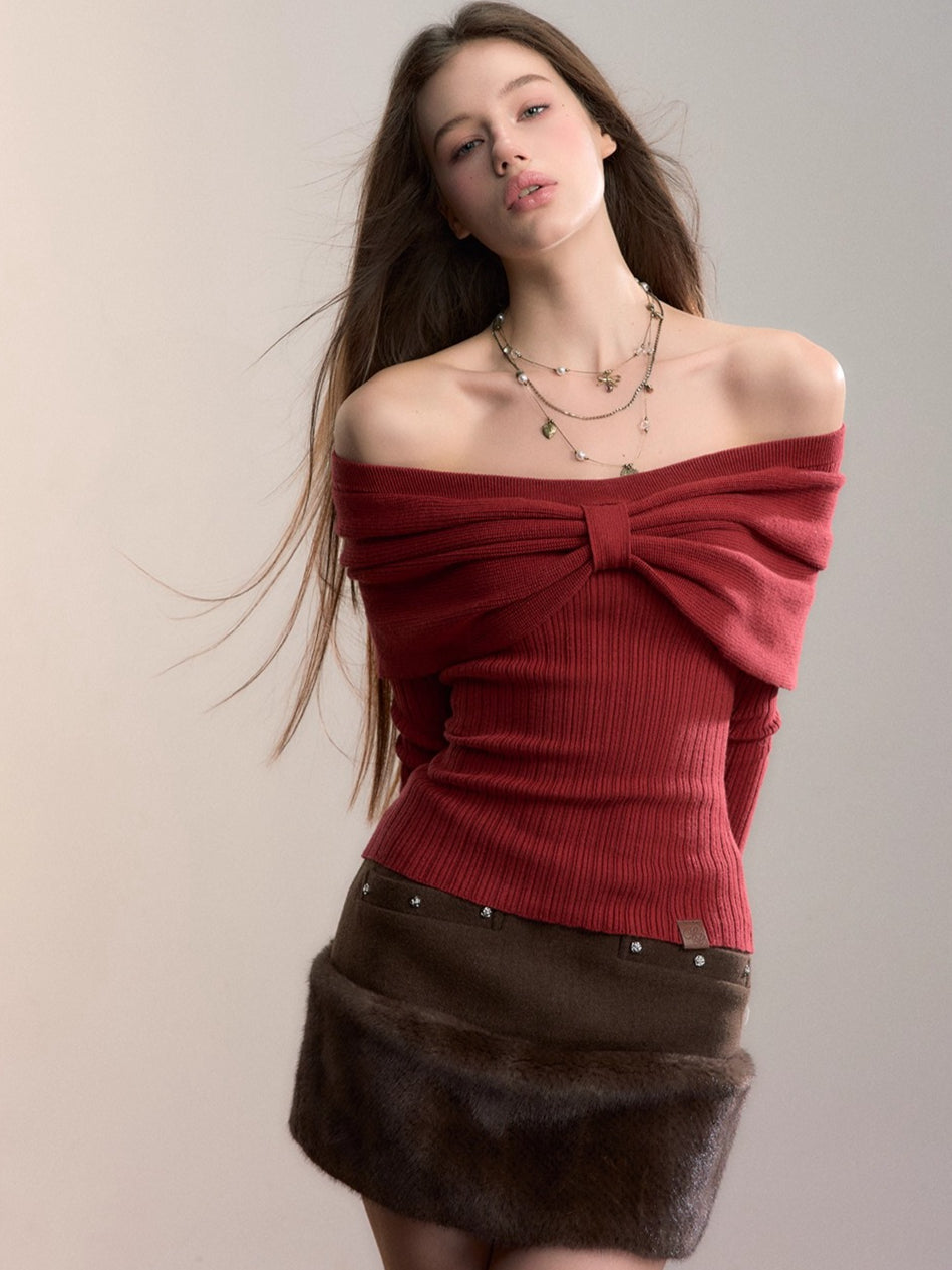 Off-Shoulder Bow Detail Knit Crewneck