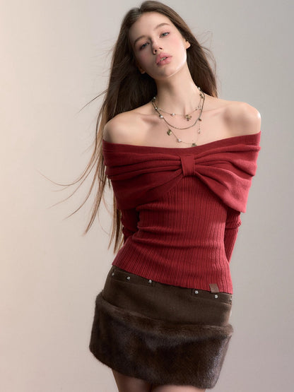 Off-Shoulder Bow Detail Knit Crewneck
