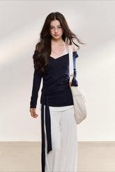 Navy Layered Off-Shoulder Blouse - CHINASQUAD