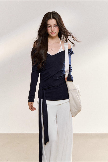 Navy Layered Off-Shoulder Blouse - CHINASQUAD