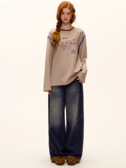 Suede-Panel Washed Denim Wide-Leg Jeans