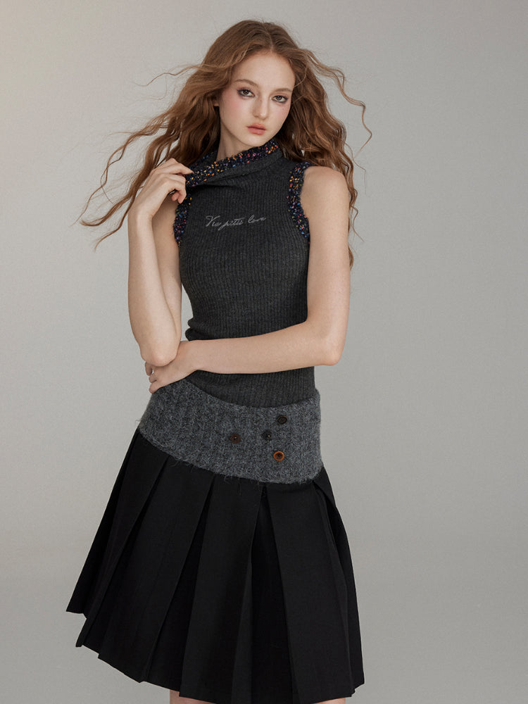 Patchwork Button Wool Pleated Skirt