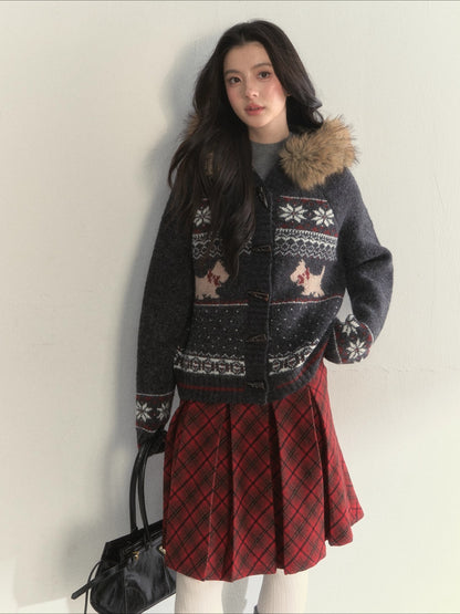 Charcoal Fair Isle Puppy Faux Fur Collar Knit Jacket