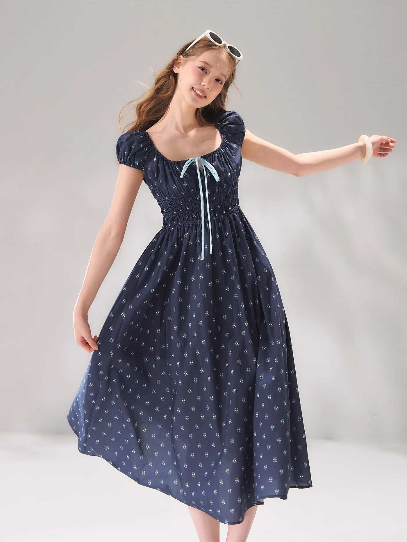 French Floral Tie-Waist Square Neck Puff Sleeve Dress