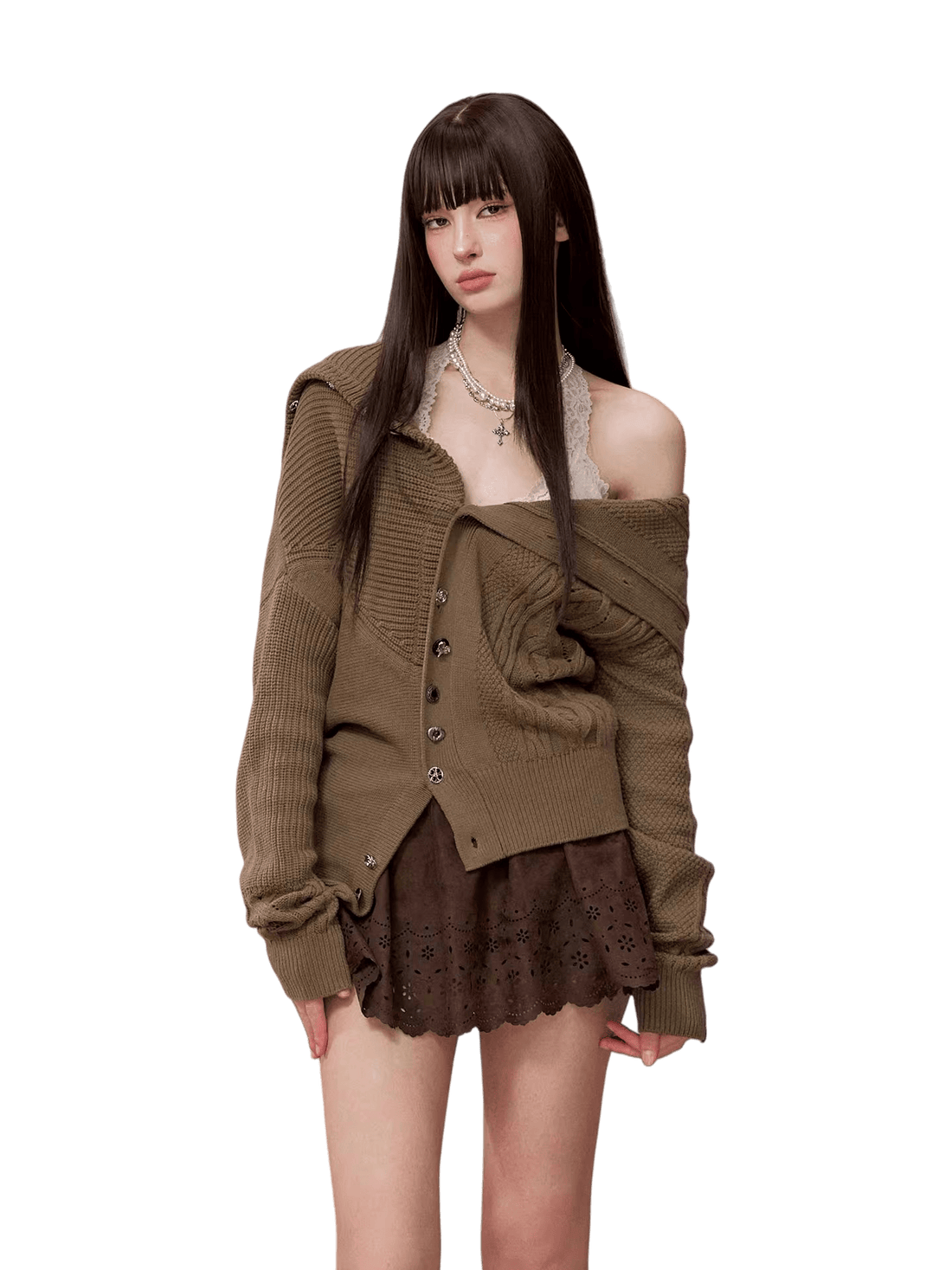 Oversized Collar Asymmetric Knit Sweater Jacket