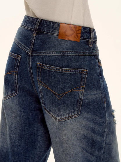 Vintage Washed Distressed Wide-Leg Jeans