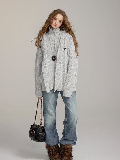 Two-Piece Chunky Knit High-Neck Cardigan