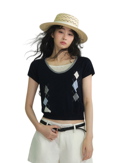 Argyle Color-Block Layered Short Sleeve Top