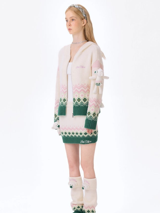Contrast Zip-Up Hooded Knit Cardigan
