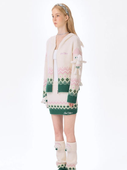 Contrast Zip-Up Hooded Knit Cardigan