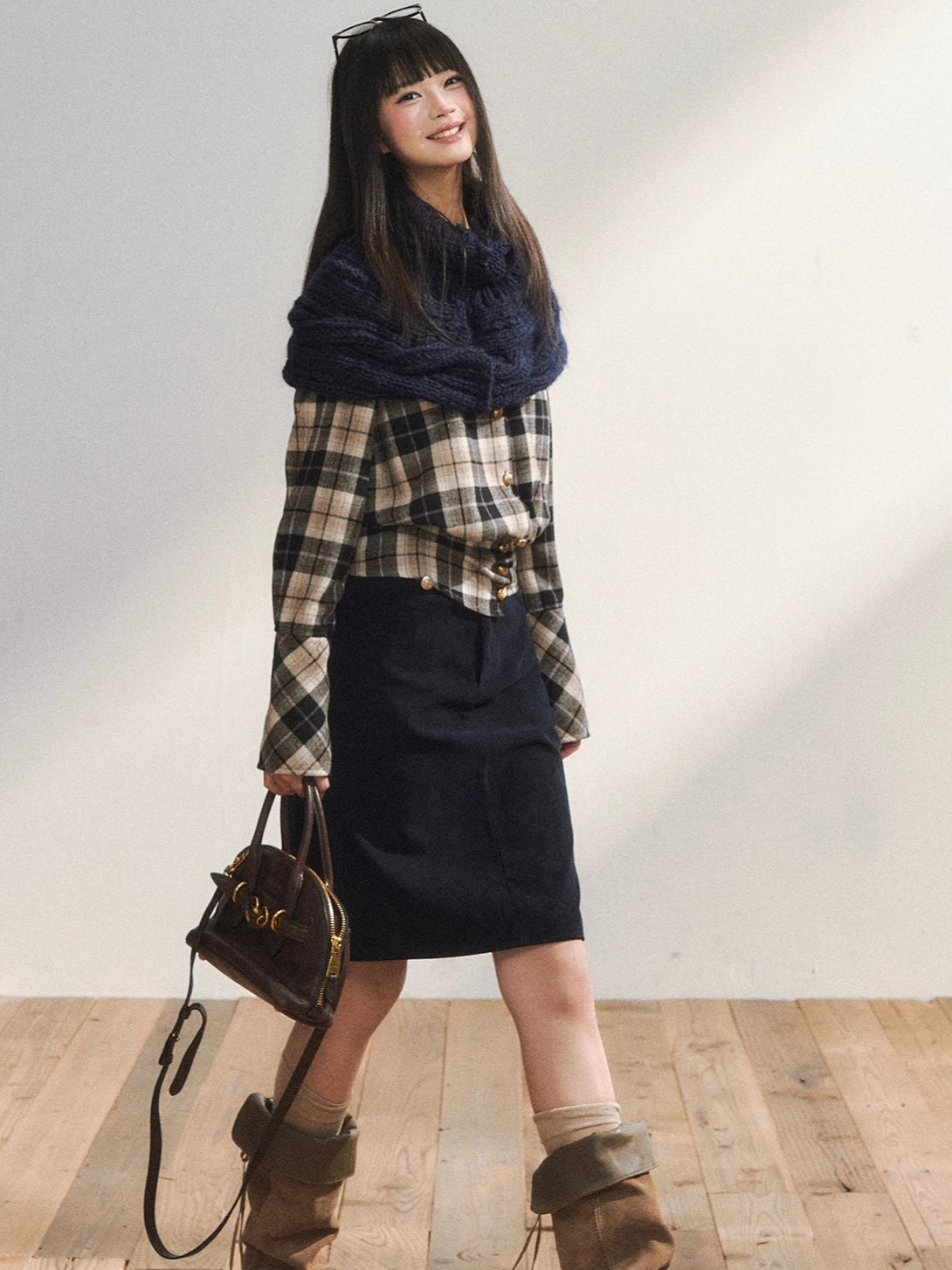 Vintage Plaid Contrast-Panel Fitted Shirt Crewneck
