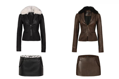 Fur-Collar Printed Leather Suit Set