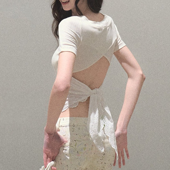 Turn-Back Glance Bow Backless Slim-Fit T-Shirt