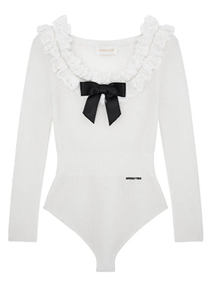 White &amp; Black Elegant Ruffled Bow Bodysuit