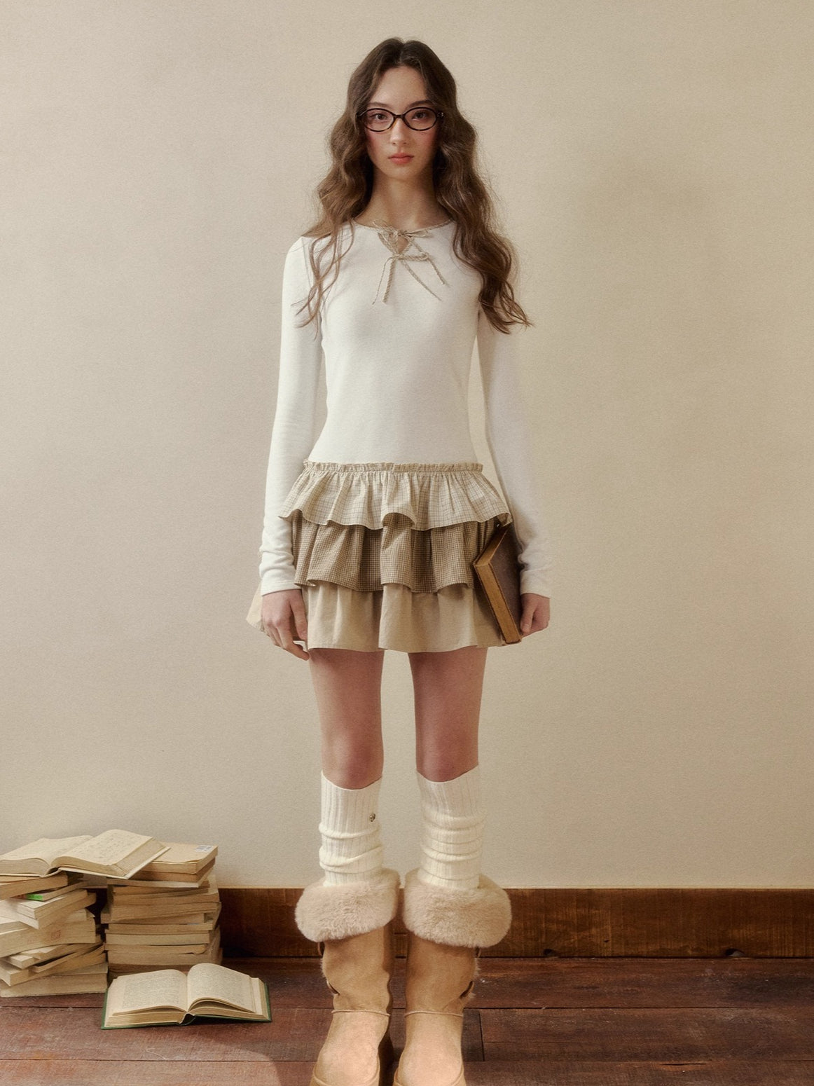 Layered Knit Plaid Tiered Puff Dress