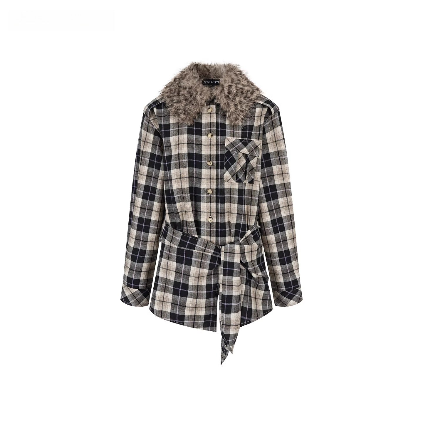 Plaid Detachable Fur Collar Two-Piece Shirt Set