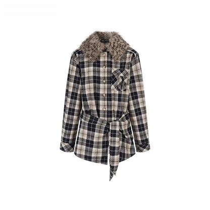 Plaid Detachable Fur Collar Two-Piece Shirt Set