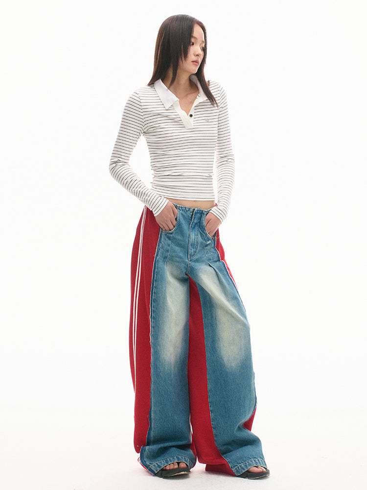 Elastic-Waist Color-Blocked Wide-Leg Pants