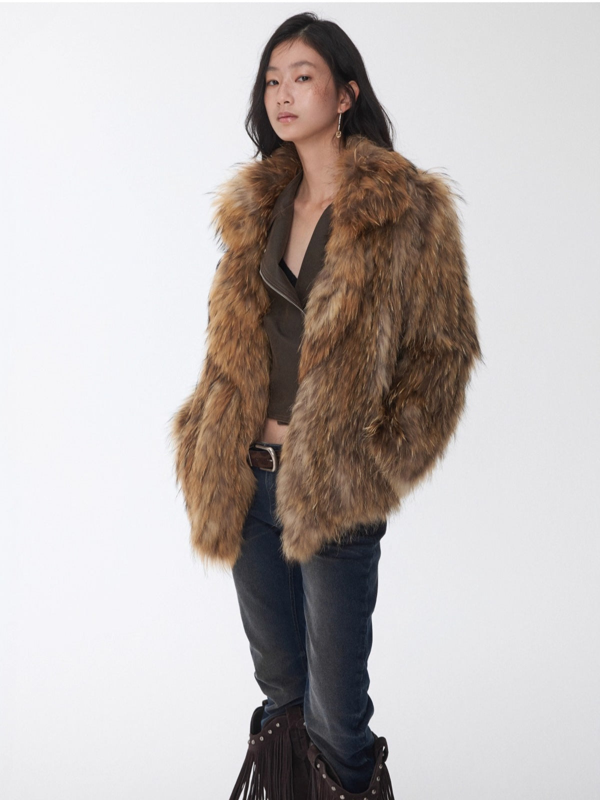 Raccoon Fur Oversized Lapel Woven Coat