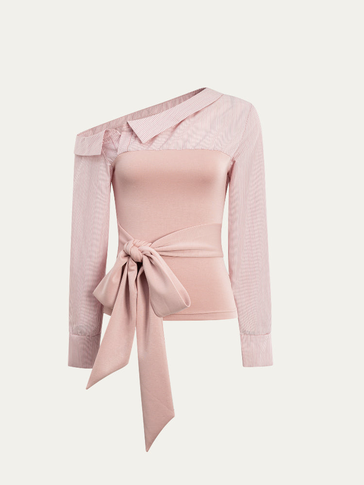 Asymmetric Shoulder Fake Two-Piece Striped Patchwork Blouse