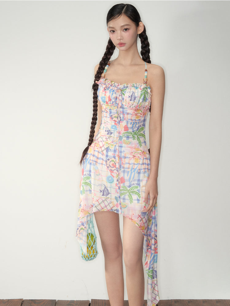 Elastic Mesh Printed Beaded Dress
