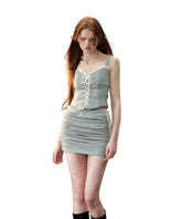Gray Lace Drawstring Vest & Skirt Set - CHINASQUAD