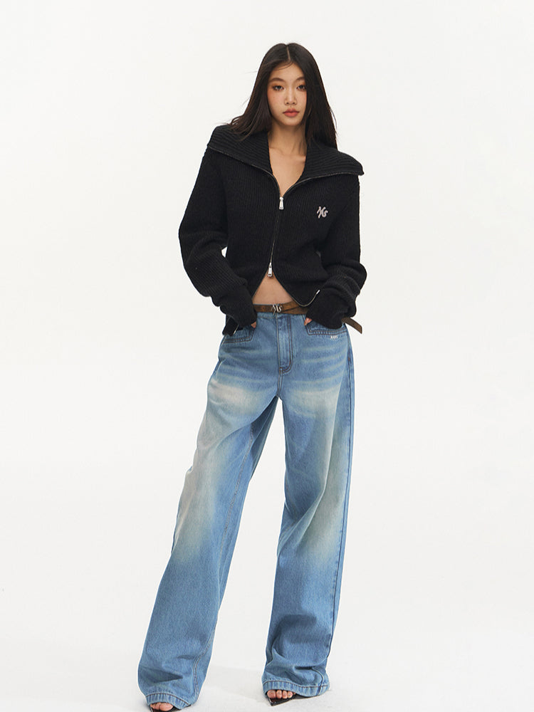 Black Loose Fit Double Zipper Knit Cardigan - CHINASQUAD