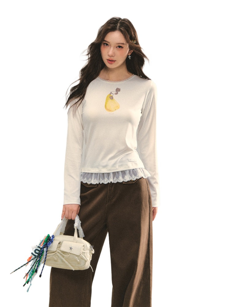 Fruit Print Lace-spliced T-Shirt - CHINASQUAD