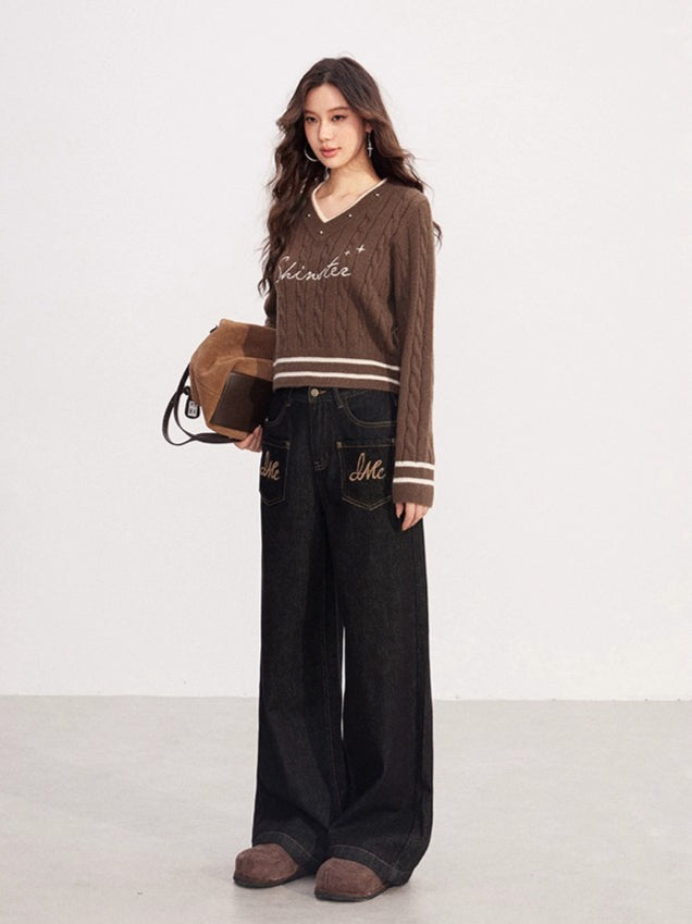 Layered-Effect Embroidered Knit V-Neck Sweater