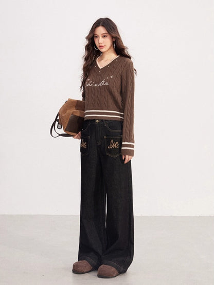 Layered-Effect Embroidered Knit V-Neck Sweater