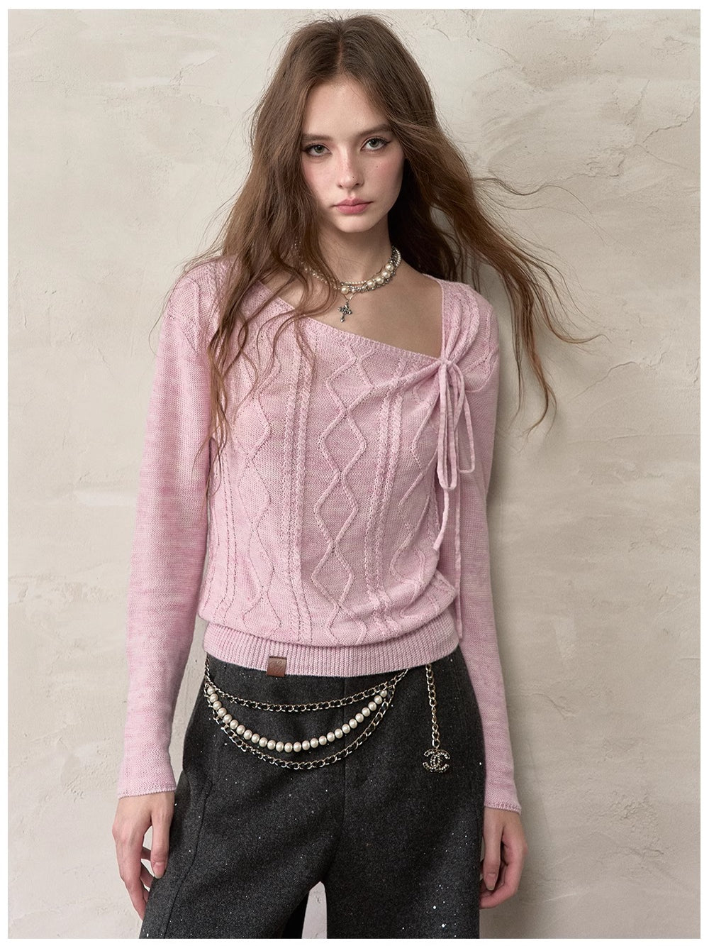 Asymmetrical Tie-Neck Cable Knit Sweater